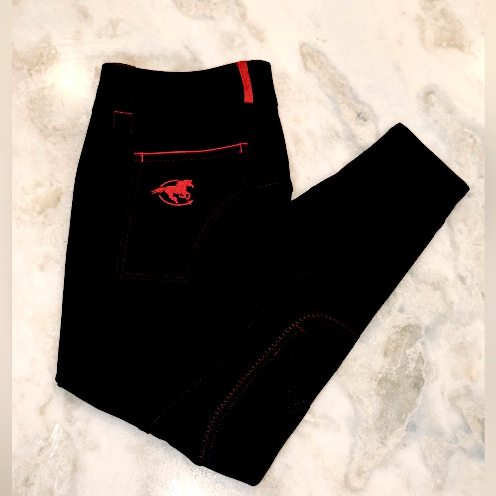 Piper by SmartPak Breeches Black/Red piping/stitching 32R Knee Patch